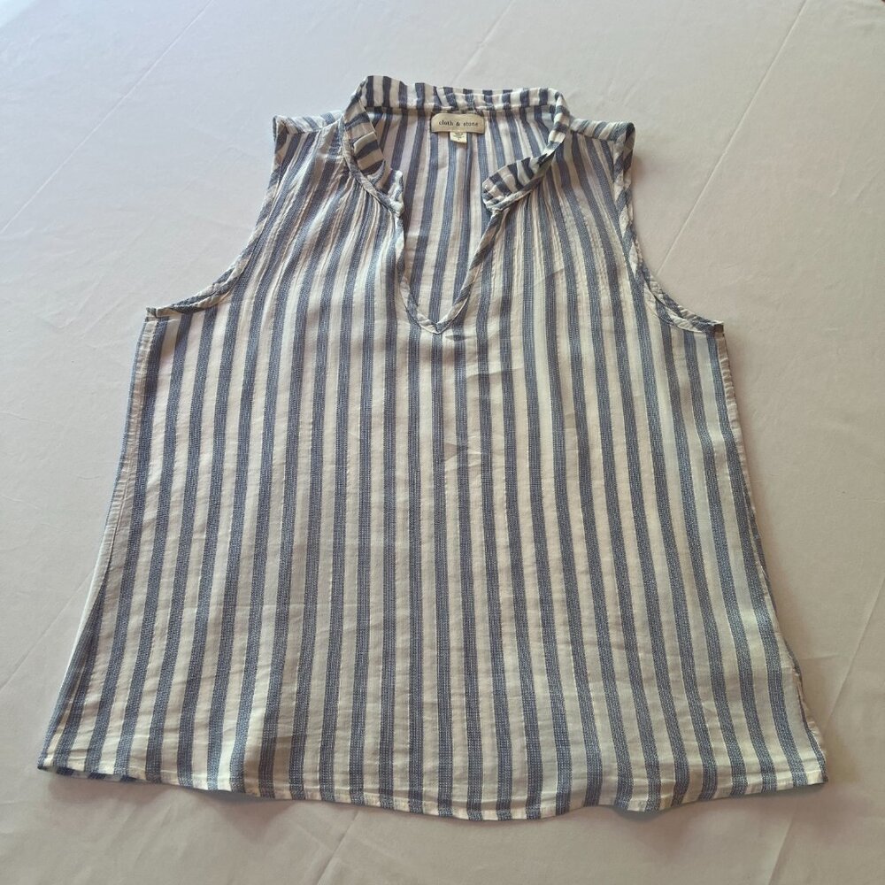 Bella Dahl Ruffle Neck Stripe Blue/White Tank Top Sleeveless Sz L - Picture 7 of 12